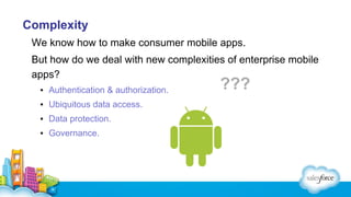 Complexity
We know how to make consumer mobile apps.
But how do we deal with new complexities of enterprise mobile
apps?
▪ Authentication & authorization.
▪ Ubiquitous data access.
▪ Data protection.
▪ Governance.

???

 