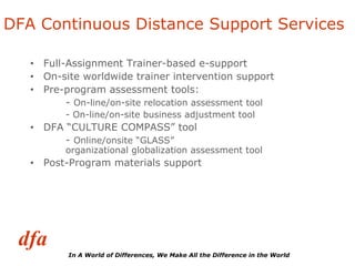 DFA Continuous Distance Support Services Full-Assignment Trainer-based e-support On-site worldwide trainer intervention support Pre-program assessment tools: -  On-line/on-site relocation assessment tool - On-line/on-site business adjustment tool DFA “CULTURE COMPASS” tool -  Online/onsite “GLASS”      organizational globalization assessment tool Post-Program materials support 
