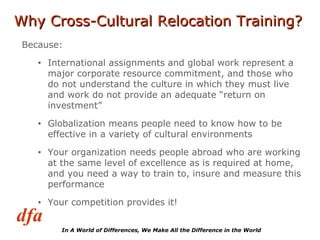 Why Cross-Cultural Relocation Training? Because: International assignments and global work represent a major corporate resource commitment, and those who do not understand the culture in which they must live and work do not provide an adequate “return on investment” Globalization means people need to know how to be effective in a variety of cultural environments Your organization needs people abroad who are working at the same level of excellence as is required at home, and you need a way to train to, insure and measure this performance Your competition provides it! 