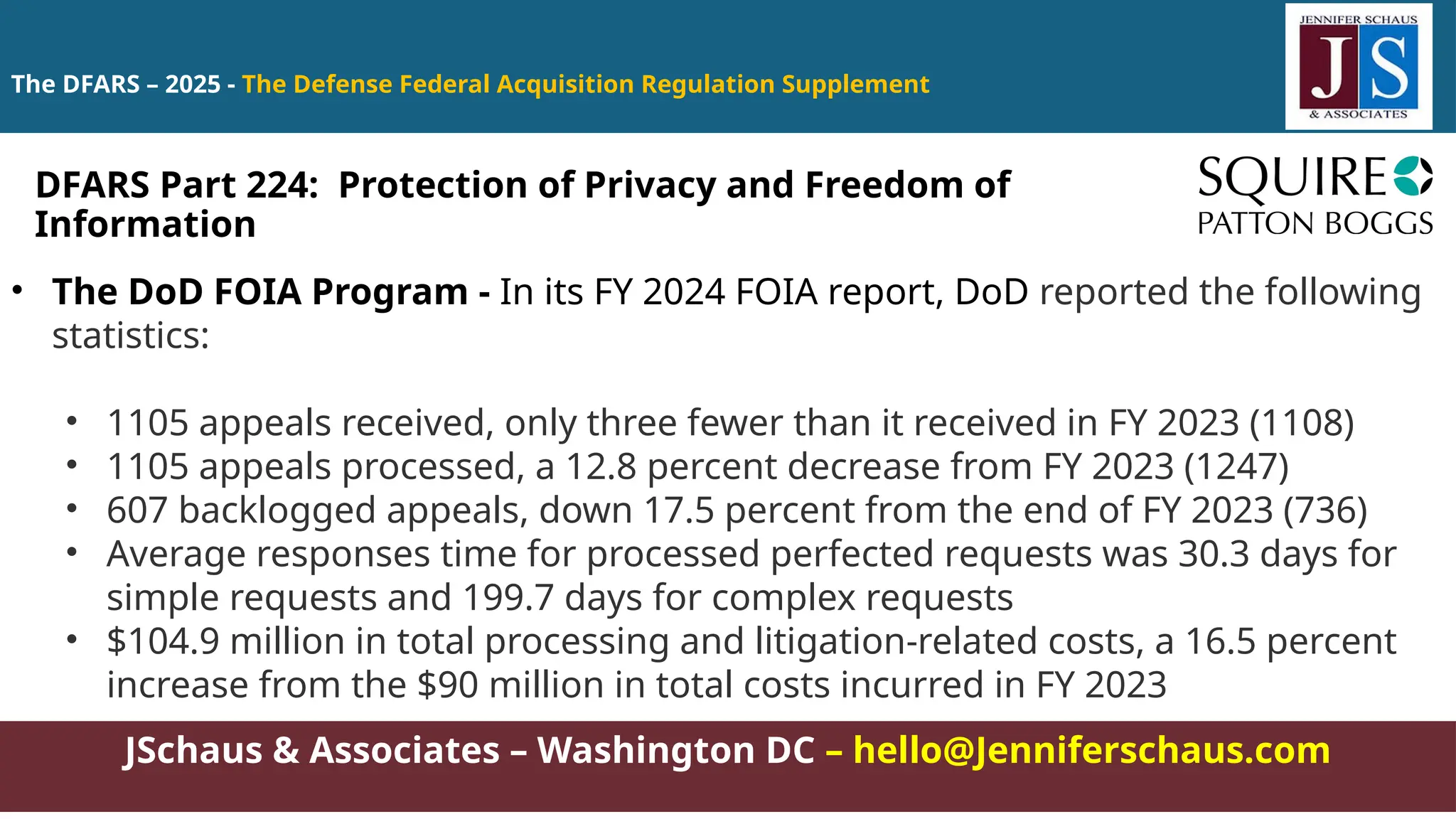 JSchaus & Associates – Washington DC – hello@Jenniferschaus.com
The DFARS – 2025 - The Defense Federal Acquisition Regulation Supplement
• The DoD FOIA Program - In its FY 2024 FOIA report, DoD reported the following
statistics:
• 1105 appeals received, only three fewer than it received in FY 2023 (1108)
• 1105 appeals processed, a 12.8 percent decrease from FY 2023 (1247)
• 607 backlogged appeals, down 17.5 percent from the end of FY 2023 (736)
• Average responses time for processed perfected requests was 30.3 days for
simple requests and 199.7 days for complex requests
• $104.9 million in total processing and litigation-related costs, a 16.5 percent
increase from the $90 million in total costs incurred in FY 2023
DFARS Part 224: Protection of Privacy and Freedom of
Information
 