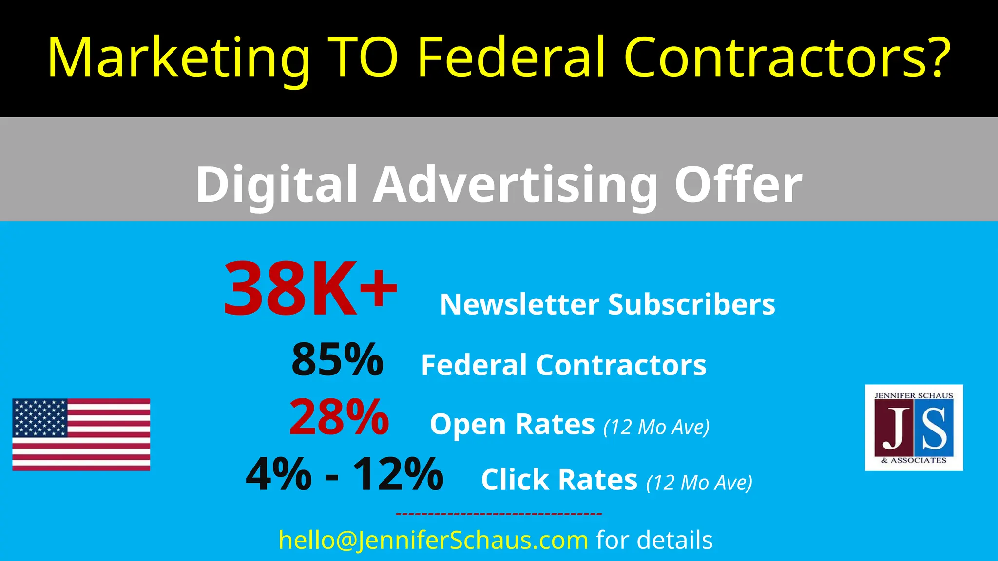 Marketing TO Federal Contractors?
Digital Advertising Offer
38K+ Newsletter Subscribers
85% Federal Contractors
28% Open Rates (12 Mo Ave)
4% - 12% Click Rates (12 Mo Ave)
--------------------------------
hello@JenniferSchaus.com for details
 