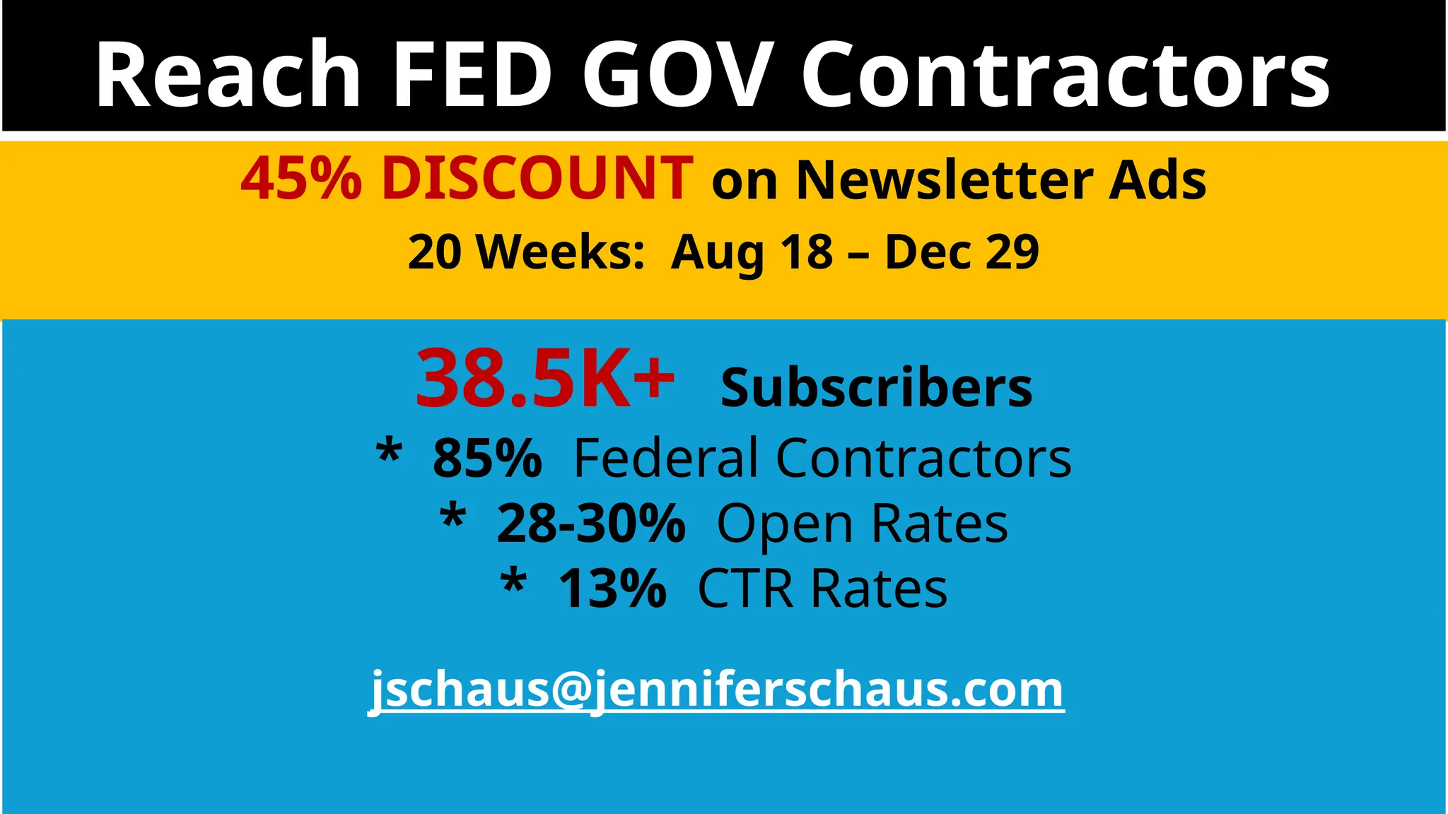 Reach FED GOV Contractors
45% DISCOUNT on Newsletter Ads
20 Weeks: Aug 18 – Dec 29
38.5K+ Subscribers
* 85% Federal Contractors
* 28-30% Open Rates
* 13% CTR Rates
jschaus@jenniferschaus.com
 