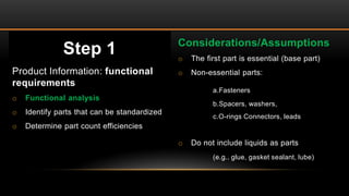 Step 1
Product Information: functional
requirements
o Functional analysis
o Identify parts that can be standardized
o Determine part count efficiencies
Considerations/Assumptions
o The first part is essential (base part)
o Non-essential parts:
a.Fasteners
b.Spacers, washers,
c.O-rings Connectors, leads
o Do not include liquids as parts
(e.g.. glue, gasket sealant, lube)
 
