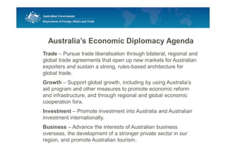 Australia’s Economic Diplomacy Agenda
Trade – Pursue trade liberalisation through bilateral, regional and
global trade agreements that open up new markets for Australian
exporters and sustain a strong, rules-based architecture for
global trade.
Growth – Support global growth, including by using Australia’s
aid program and other measures to promote economic reform
and infrastructure, and through regional and global economic
cooperation fora.
Investment – Promote investment into Australia and Australian
investment internationally.
Business – Advance the interests of Australian business
overseas, the development of a stronger private sector in our
region, and promote Australian tourism.