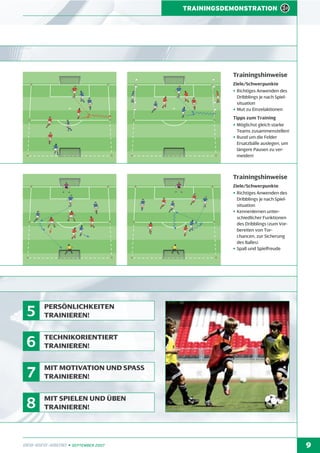 TRAININGSDEMONSTRATION

Trainingshinweise
Ziele/Schwerpunkte
• Richtiges Anwenden des
Dribblings je nach Spielsituation
• Mut zu Einzelaktionen
Tipps zum Training
• Möglichst gleich starke
Teams zusammenstellen!
• Rund um die Felder
Ersatzbälle auslegen, um
längere Pausen zu vermeiden!

Trainingshinweise
Ziele/Schwerpunkte
• Richtiges Anwenden des
Dribblings je nach Spielsituation
• Kennenlernen unterschiedlicher Funktionen
des Dribblings (zum Vorbereiten von Torchancen, zur Sicherung
des Balles)
• Spaß und Spielfreude

5

PERSÖNLICHKEITEN
TRAINIEREN!

6

TECHNIKORIENTIERT
TRAINIEREN!

7

MIT MOTIVATION UND SPASS
TRAINIEREN!

8

MIT SPIELEN UND ÜBEN
TRAINIEREN!

DFB-INFO-ABEND • SEPTEMBER 2007

9

 