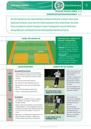 dfb_infoabend_13_TN_neu.qxd

12.08.2009

10:46 Uhr

Seite 11

11

DFB-INFO-ABEND
SPIELEND PASSEN LERNEN
DEMONSTRATIONSTRAININGSEINHEIT

Um unter Gegnerdruck und in engen Spielräumen erfolgreich kombinieren zu können, müssen junge
Spielerinnen und Spieler präzise und in der Schärfe angemessene Pässe spielen können. Das sichere
Passen ist deshalb ein zentrales Trainingsziel. In dieser Trainingseinheit lernen die Talente durch
altersgemäße Spiel- und Übungsformen das situationsgemäße Anwenden des Passens.

Organisatorischer Aufbau für die
komplette Trainingseinheit
Für jeweils 2 Gruppen (A/B und
C/D) zu je 4 Spielern jeweils ein
Spiel- und Übungsfeld aufbauen!
• Spielfeld: Markierter Raum von
etwa 20 x 25 Metern mit jeweils
2 Stangentoren 5 Meter hinter
jeder Grundlinie
• Übungsfeld: Tor mit Torhüter (mit
zusätzlich aufgestellten Positionshütchen je nach Aufgabe)
Die beiden Gruppen wechseln jeweils nur im eigenen Aufbau!

AUFBAU FÜR GRUPPEN C/D

AUFGABE 2

AUFGABE 1

ABLAUF/VARIATIONEN

HINWEISE FÜR DAS TRAINING
• Stets interessante Aufwärmprogramme mit
Ball anbieten!

Grundablauf/Variationen
• Freies Zusammenspiel: Aus dem Dribbeln
einem Mitspieler zupassen, der das Zuspiel
sicher an- und mitnimmt und dann wieder
zupasst.

• „Offene” Aufgaben wie
das Erfinden eigener
Bewegungen fördern
Kreativität und Eigeninitiative!

• Nur mit der Innenseite zuspielen.
• Nur direkt auf einen Mitspieler passen.
• Nur dosiert in den Lauf eines Mitspielers
passen.
• Mit 2 Pflichtkontakten kombinieren.
Mit variantenreichen ZuspielAufgaben die Technik schulen!

• Jedes 2. Zuspiel direkt weiterleiten.

• Auf korrekte und
konzentrierte Abläufe
achten! Die Spieler zur
Selbstkontrolle auffordern!

Grundablauf
• 2 Gruppen zu 3 Spielern sichern zunächst
als Angreifer im 6 gegen 3 gegen die 3.
Gruppe den Ball.
• Dabei müssen die Angreifer nach höchstens
3 Ballkontakten zu einem Mitspieler passen.
Erobert die Gruppe in der Mitte den Ball, gibt
es 1 Punkt und das 6 gegen 3 startet von
vorne.
• Wertung: 3 x 2 Minuten mit jeweils einer anderen Gruppe in der Mitte – Welche 3erGruppe erobert den Ball am häufigsten?

• Technik-Aufgaben mit
Lauf- und Bewegungsaufgaben koppeln!

• Das Aufwärmen
bereits auf Ziele und
Schwerpunkte des
Hauptteils abstimmen!

Bei allen Aufgaben stets auf
Beidfüßigkeit achten!

DEUTSCHER FUSSBALL-BUND

• Weiterer Lerneffekt:
Spielübersicht!

 