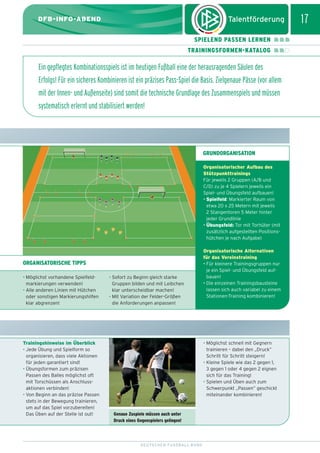 dfb_infoabend_13_TN_neu.qxd

12.08.2009

10:46 Uhr

Seite 17

17

DFB-INFO-ABEND
SPIELEND PASSEN LERNEN
TRAININGSFORMEN-KATALOG

Ein gepflegtes Kombinationsspiels ist im heutigen Fußball eine der herausragenden Säulen des
Erfolgs! Für ein sicheres Kombinieren ist ein präzises Pass-Spiel die Basis. Zielgenaue Pässe (vor allem
mit der Innen- und Außenseite) sind somit die technische Grundlage des Zusammenspiels und müssen
systematisch erlernt und stabilisiert werden!

GRUNDORGANISATION
Organisatorischer Aufbau des
Stützpunkttrainings
Für jeweils 2 Gruppen (A/B und
C/D) zu je 4 Spielern jeweils ein
Spiel- und Übungsfeld aufbauen!
• Spielfeld: Markierter Raum von
etwa 20 x 25 Metern mit jeweils
2 Stangentoren 5 Meter hinter
jeder Grundlinie
• Übungsfeld: Tor mit Torhüter (mit
zusätzlich aufgestellten Positionshütchen je nach Aufgabe)

ORGANISATORISCHE TIPPS
• Möglichst vorhandene Spielfeldmarkierungen verwenden!
• Alle anderen Linien mit Hütchen
oder sonstigen Markierungshilfen
klar abgrenzen!

Trainingshinweise im Überblick
• Jede Übung und Spielform so
organisieren, dass viele Aktionen
für jeden garantiert sind!
• Übungsformen zum präzisen
Passen des Balles möglichst oft
mit Torschüssen als Anschlussaktionen verbinden!
• Von Beginn an das präzise Passen
stets in der Bewegung trainieren,
um auf das Spiel vorzubereiten!
Das Üben auf der Stelle ist out!

• Sofort zu Beginn gleich starke
Gruppen bilden und mit Leibchen
klar unterscheidbar machen!
• Mit Variation der Felder-Größen
die Anforderungen anpassen!

Organisatorische Alternativen
für das Vereinstraining
• Für kleinere Trainingsgruppen nur
je ein Spiel- und Übungsfeld aufbauen!
• Die einzelnen Trainingsbausteine
lassen sich auch variabel zu einem
Stationen-Training kombinieren!

• Möglichst schnell mit Gegnern
trainieren – dabei den „Druck”
Schritt für Schritt steigern!
• Kleine Spiele wie das 2 gegen 1,
3 gegen 1 oder 4 gegen 2 eignen
sich für das Training!
• Spielen und Üben auch zum
Schwerpunkt „Passen” geschickt
miteinander kombinieren!

Genaue Zuspiele müssen auch unter
Druck eines Gegenspielers gelingen!

DEUTSCHER FUSSBALL-BUND

 
