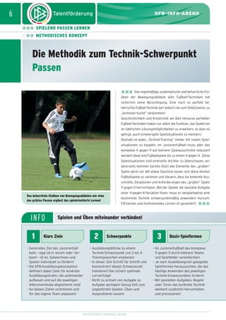 dfb_infoabend_13_TN_neu.qxd

12.08.2009

10:46 Uhr

Seite 6

6

DFB-INFO-ABEND
SPIELEND PASSEN LERNEN
METHODISCHES KONZEPT

Die Methodik zum Technik-Schwerpunkt
Passen
Das regelmäßige, systematische und beharrliche Einüben der Bewegungsabläufe aller Fußball-Techniken hat
sicherlich seine Berechtigung. Eine noch so perfekt beherrschte Fußball-Technik darf jedoch nie zum Selbstzweck, zu
„brotloser Kunst” verkommen!
Geschicklichkeit und Kreativität am Ball inklusive perfekter
Fußball-Techniken haben vor allem die Funktion, das Spektrum
an taktischen Lösungsmöglichkeiten zu erweitern, so dass es
gelingt, auch schwierigste Spielsituationen zu meistern.
Deshalb ist jedes „Technik-Training” immer mit realen Spielsituationen zu koppeln. Im Juniorenfußball muss aber das
komplexe 11 gegen 11 auf kleinere Spielausschnitte reduziert
werden! Ideal sind Fußballspiele bis zu einem 4 gegen 4. Diese
Spielsituationen sind einerseits leichter zu überschauen, andererseits kommen bereits (fast) alle Elemente des „großen”
Spiels darin vor. Mit etwas Geschick lassen sich diese kleinen
Fußballspiele so variieren und steuern, dass sie konkrete Ausschnitte, Situationen und Anforderungen des „großen” Spiels
11 gegen 11 hervorheben. Will der Spieler die spezielle Aufgabe
Das beharrliche Einüben von Bewegungsabläufen wie etwa
das präzise Passen ergänzt das spielorientierte Lernen!

INFO
1

einer 4-gegen-4-Variation lösen, muss er beispielsweise eine
bestimmte Technik schwerpunktmäßig anwenden! Kurzum:
Effizientes und motivierendes Lernen ist garantiert!

Spielen und Üben miteinander verbinden!

Klare Ziele

• Generelles Ziel des Juniorenfußballs – egal ob in Verein oder Verband – ist es, Spielerinnen und
Spieler individuell zu fördern!
• Die DFB-Ausbildungskonzeption
definiert dabei Ziele für konkrete
Ausbildungsstufen, die aufeinander
aufbauen und auf die jeweiligen
Altersmerkmale abgestimmt sind!
• An diesen Zielen orientieren und
für das eigene Team anpassen!

2

Schwerpunkte

• Ausbildungsblöcke zu einem
Technik-Schwerpunkt von 2 bis 4
Trainingswochen einplanen!
• In dieser Zeit Schritt für Schritt und
konzentriert diesen Schwerpunkt
trainieren! Das sichert optimale
Lernerfolge!
• Nicht zu schnell von Aufgabe zu
Aufgabe springen! Genug Zeit zum
ungestörten Spielen, Üben und
Ausprobieren lassen!

DEUTSCHER FUSSBALL-BUND

3

Basis-Spielformen

• Im Juniorenfußball das komplexe
11 gegen 11 durch kleinere Teams
und Spielfelder vereinfachen!
• Je nach Ausbildungsziel geeignete
Spielformen heraussuchen, die das
häufige Anwenden des jeweiligen
Technik-Schwerpunktes fordern!
• Mit speziellen Aufgaben, Regeln
oder Toren das konkrete Technikelement zusätzlich hervorheben
und provozieren!

 