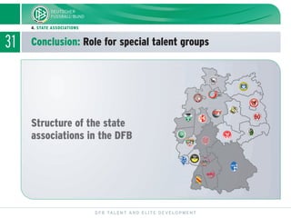 31 Conclusion: Role for special talent groups
DFB TALENT AND ELITE DEVELOPMENT
4. STATE ASSOCIATIONS
Structure of the state
associations in the DFB
 