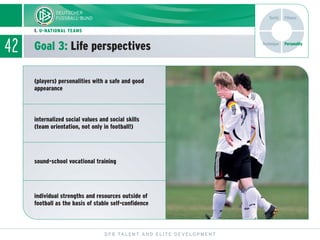 42
DFB TALENT AND ELITE DEVELOPMENT
1. U-NATIONAL TEAMS
Goal 3: Life perspectives Technique
Tactic Fitness
Personality
(players) personalities with a safe and good
appearance
internalized social values and social skills
(team orientation, not only in football!)
sound-school vocational training
individual strengths and resources outside of
football as the basis of stable self-confidence
 