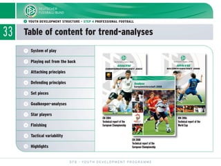 33
ᕢ YOUTH DEVELOPMENT STRUCTURE - STEP 4 PROFESSIONAL FOOTBALL
Table of content for trend-analyses
DFB - YOUTH DEVELOPMENT PROGRAMME
ᕢ Playing out from the back
ᕡ System of play
ᕣ Attaching principles
ᕤ Defending principles
ᕥ Set pieces
ᕦ Goalkeeper-analyses
ᕧ Star players
ᕨ Finishing
ᕩ Tactical variability
µ Highlights
EM 2004
Technical report of the
European Championship
WM 2006
Technical report of the
World Cup
EM 2008
Technical report of the
European Championship
ANALYSE
EUROPAMEISTERSCHAFT 2004
ANALYSE
WELTMEISTERSCHAFT 2006
 
