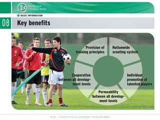 08 Key benefits
DFB - YOUTH DEVELOPMENT PROGRAMME
ᕡ BASIC INFORMATION
Permeability
between all develop-
ment levels
Provision of
training principles
Cooperation
between all develop-
ment levels
Nationwide
scouting system
Individual
promotion of
talented players
 