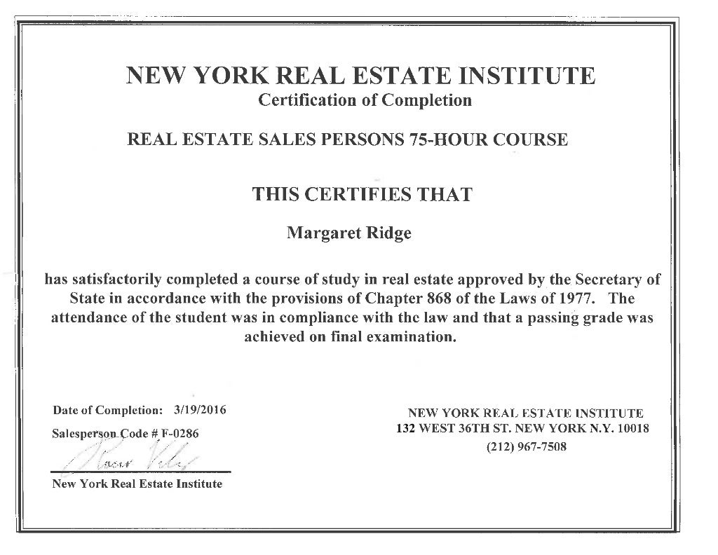 NYREI CERTIFICATE