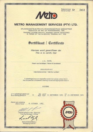Metro Management Systems Certificate