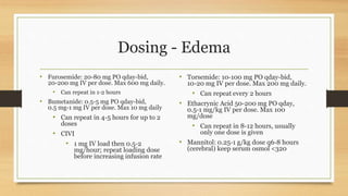Dosing - Edema
• Furosemide: 20-80 mg PO qday-bid,
20-200 mg IV per dose. Max 600 mg daily.
• Can repeat in 1-2 hours
• Bumetanide: 0.5-5 mg PO qday-bid,
0.5 mg-1 mg IV per dose. Max 10 mg daily
• Can repeat in 4-5 hours for up to 2
doses
• CIVI
• 1 mg IV load then 0.5-2
mg/hour; repeat loading dose
before increasing infusion rate
• Torsemide: 10-100 mg PO qday-bid,
10-20 mg IV per dose. Max 200 mg daily.
• Can repeat every 2 hours
• Ethacrynic Acid 50-200 mg PO qday,
0.5-1 mg/kg IV per dose. Max 100
mg/dose
• Can repeat in 8-12 hours, usually
only one dose is given
• Mannitol: 0.25-1 g/kg dose q6-8 hours
(cerebral) keep serum osmol <320
 