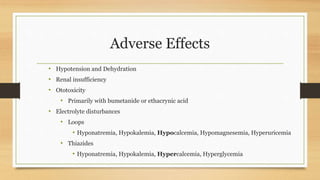 Adverse Effects
• Hypotension and Dehydration
• Renal insufficiency
• Ototoxicity
• Primarily with bumetanide or ethacrynic acid
• Electrolyte disturbances
• Loops
• Hyponatremia, Hypokalemia, Hypocalcemia, Hypomagnesemia, Hyperuricemia
• Thiazides
• Hyponatremia, Hypokalemia, Hypercalcemia, Hyperglycemia
 