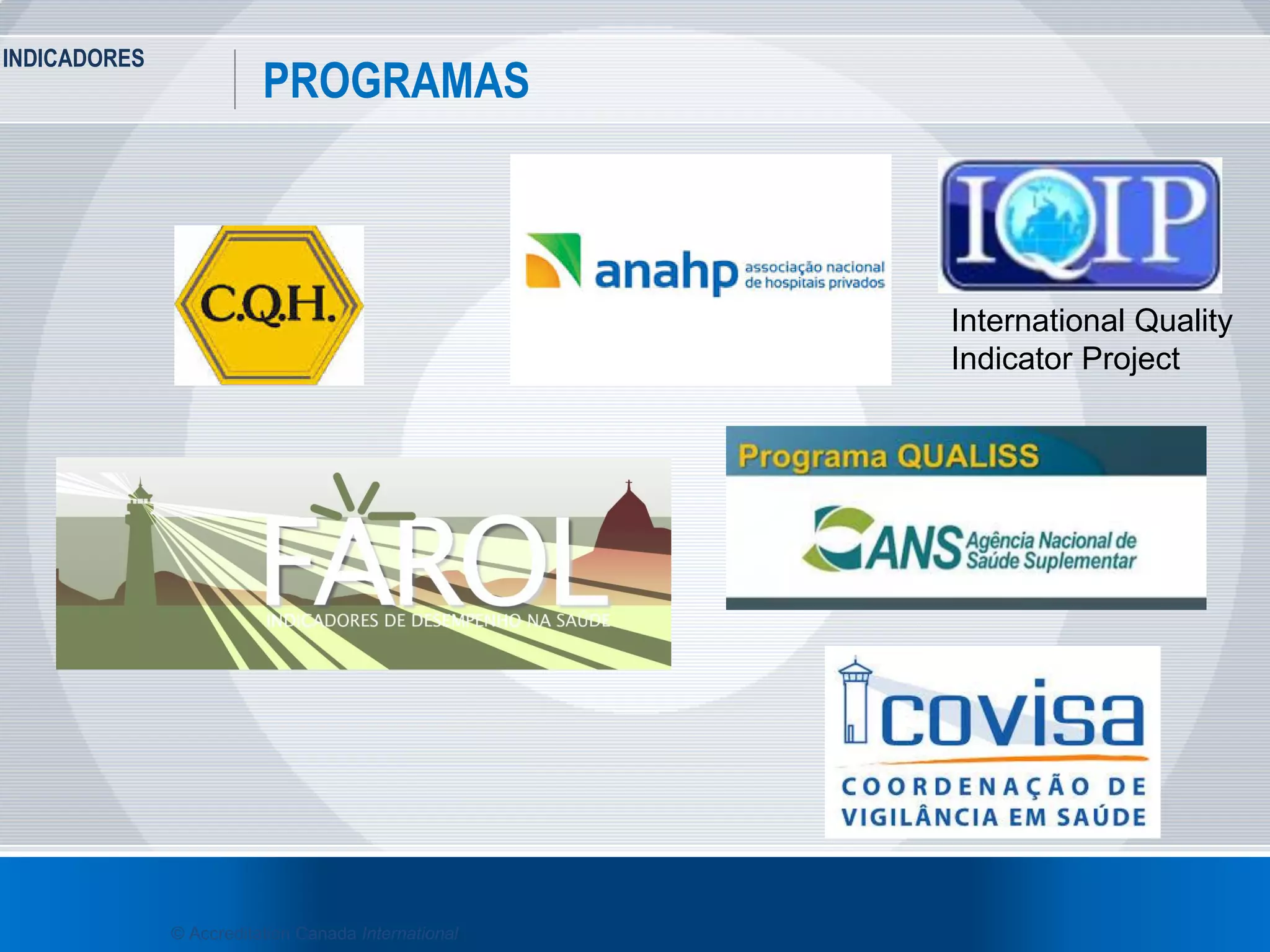 INDICADORES
43
PROGRAMAS
© Accreditation Canada International
International Quality
Indicator Project
 