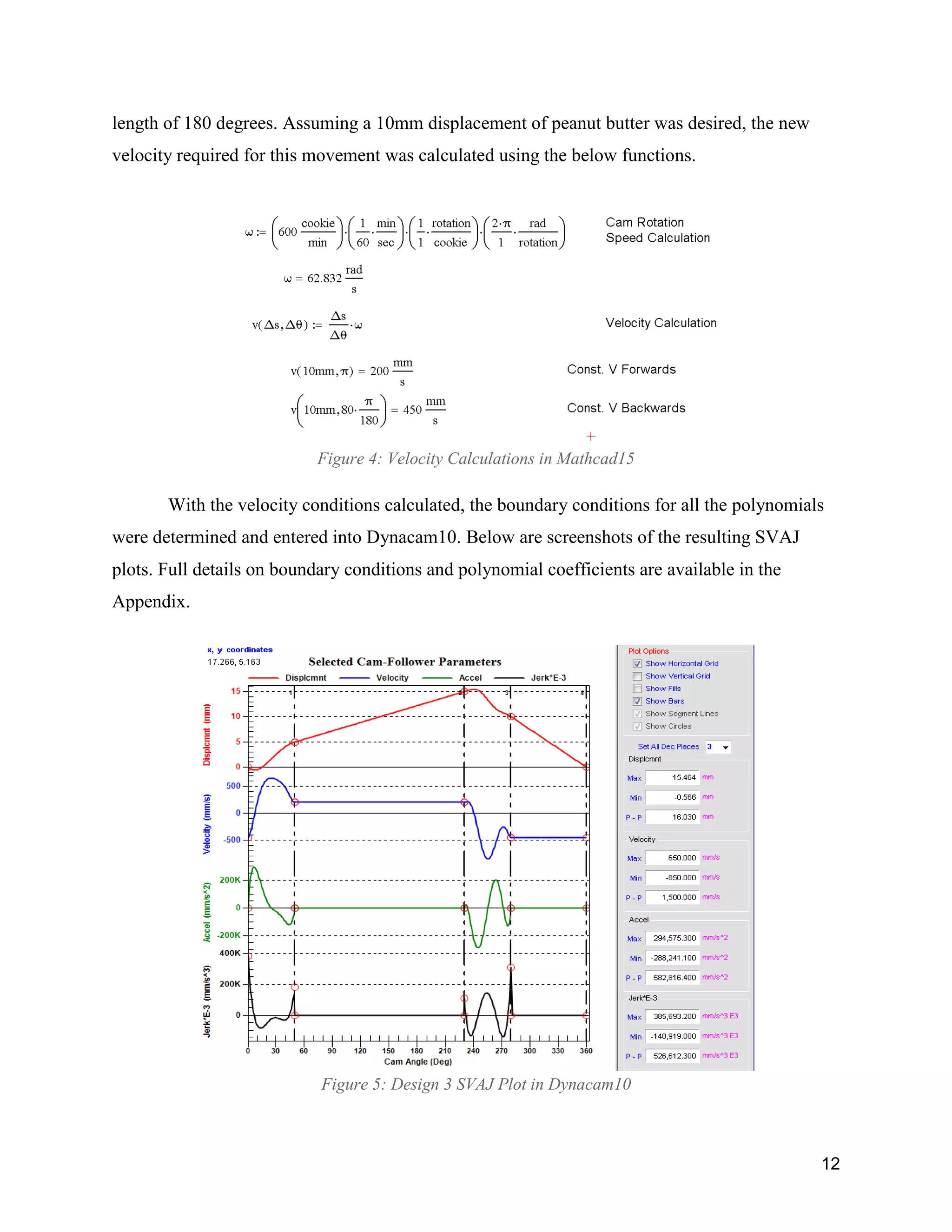 12
length of 180 degrees. Assuming a 10mm displacement of peanut butter was desired, the new
velocity required for this movement was calculated using the below functions.
Figure 4: Velocity Calculations in Mathcad15
With the velocity conditions calculated, the boundary conditions for all the polynomials
were determined and entered into Dynacam10. Below are screenshots of the resulting SVAJ
plots. Full details on boundary conditions and polynomial coefficients are available in the
Appendix.
Figure 5: Design 3 SVAJ Plot in Dynacam10
 