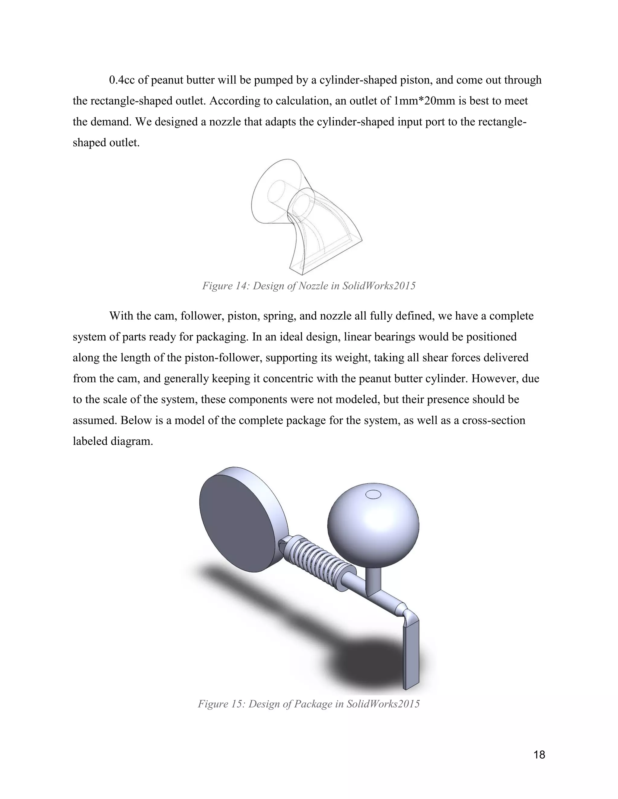 18
0.4cc of peanut butter will be pumped by a cylinder-shaped piston, and come out through
the rectangle-shaped outlet. According to calculation, an outlet of 1mm*20mm is best to meet
the demand. We designed a nozzle that adapts the cylinder-shaped input port to the rectangle-
shaped outlet.
Figure 14: Design of Nozzle in SolidWorks2015
With the cam, follower, piston, spring, and nozzle all fully defined, we have a complete
system of parts ready for packaging. In an ideal design, linear bearings would be positioned
along the length of the piston-follower, supporting its weight, taking all shear forces delivered
from the cam, and generally keeping it concentric with the peanut butter cylinder. However, due
to the scale of the system, these components were not modeled, but their presence should be
assumed. Below is a model of the complete package for the system, as well as a cross-section
labeled diagram.
Figure 15: Design of Package in SolidWorks2015
 