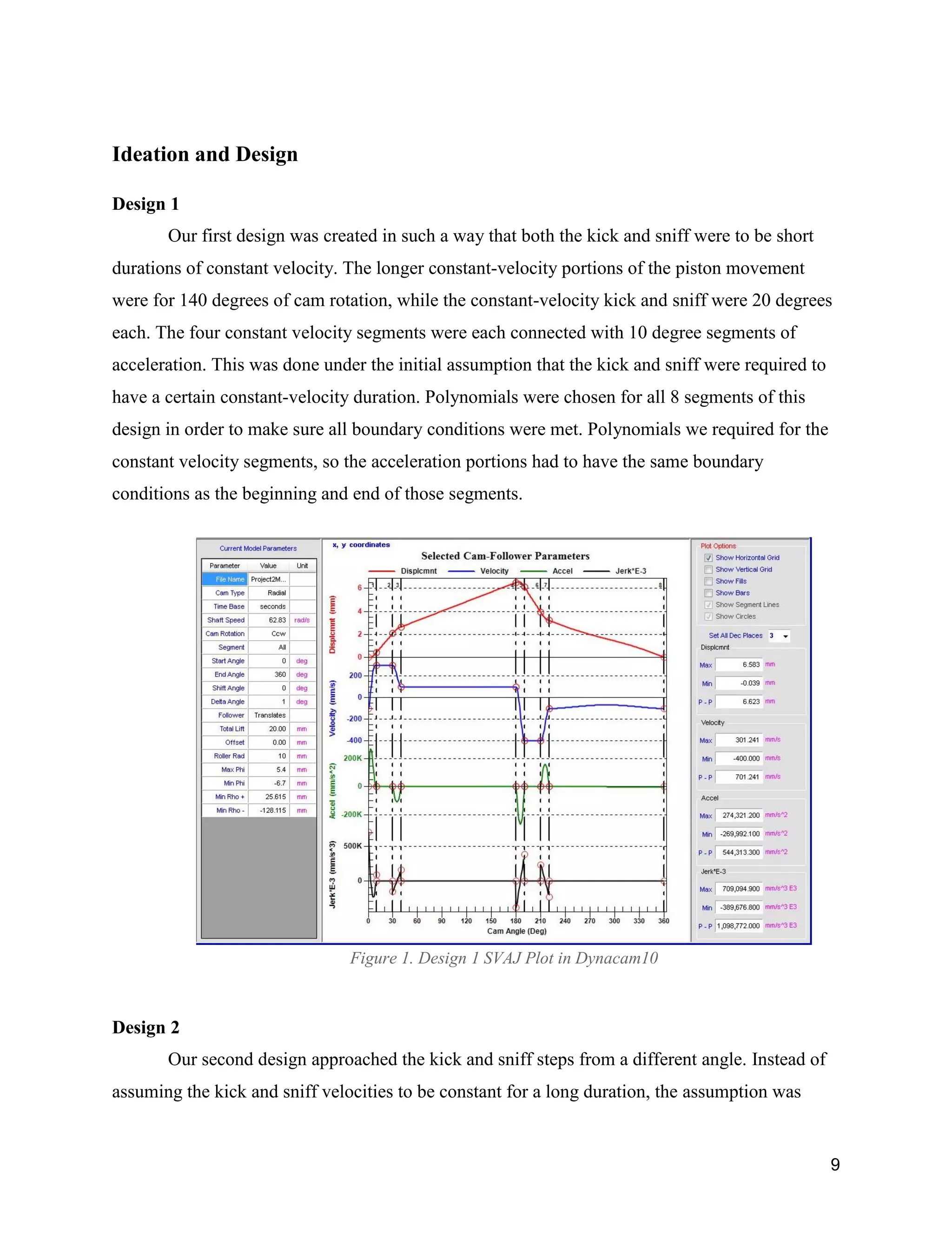 9
Ideation and Design
Design 1
Our first design was created in such a way that both the kick and sniff were to be short
durations of constant velocity. The longer constant-velocity portions of the piston movement
were for 140 degrees of cam rotation, while the constant-velocity kick and sniff were 20 degrees
each. The four constant velocity segments were each connected with 10 degree segments of
acceleration. This was done under the initial assumption that the kick and sniff were required to
have a certain constant-velocity duration. Polynomials were chosen for all 8 segments of this
design in order to make sure all boundary conditions were met. Polynomials we required for the
constant velocity segments, so the acceleration portions had to have the same boundary
conditions as the beginning and end of those segments.
Figure 1. Design 1 SVAJ Plot in Dynacam10
Design 2
Our second design approached the kick and sniff steps from a different angle. Instead of
assuming the kick and sniff velocities to be constant for a long duration, the assumption was
 