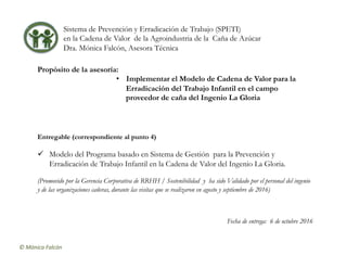 ©	Mónica	Falcón	
Sistema de Prevención y Erradicación de Trabajo (SPETI)
en la Cadena de Valor de la Agroindustria de la Caña de Azúcar
Dra. Mónica Falcón, Asesora Técnica
Propósito de la asesoría:
•  Implementar el Modelo de Cadena de Valor para la
Erradicación del Trabajo Infantil en el campo
proveedor de caña del Ingenio La Gloria
Entregable (correspondiente al punto 4)
ü  Modelo del Programa basado en Sistema de Gestión para la Prevención y
Erradicación de Trabajo Infantil en la Cadena de Valor del Ingenio La Gloria.
(Promovido por la Gerencia Corporativa de RRHH / Sostenibilidad y ha sido Validado por el personal del ingenio
y de las organizaciones cañeras, durante las visitas que se realizaron en agosto y septiembre de 2016)
Fecha de entrega: 6 de octubre 2016
 