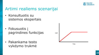 Artimi realiems scenarijai
• Konsultuotis su
sistemos ekspertais
• Fokusuotis į
pagrindines funkcijas
• Pakankama testo
vykdymo trukmė
23
 