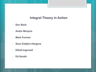 Integral Theory in Action
• Don Beck
• Andre Marquis
• Mark Forman
• Sean Esbjörn-Hargens
• Elliott Ingersoll
• Ed Sarath
 