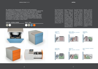 |
NEL RISPETTO DEI TRADIZIONALI REQUISITI DI ARCHIVIAZIONE E
CONTENIMENTO DI STRUMENTI DI LAVORO, MIA PED È PENSATA ANCHE PER
L’ALLOGGIAMENTO E LA CUSTODIA DI OGGETTI PERSONALI. L’ESTREMA
PERSONALIZZAZIONE DEGLI SPAZI INTERNI PERMETTE UNA TOTALE
RICONFIGURABILITÀ IN BASE ALLE ESIGENZE DI UN UTENTE IN CONTINUO
MUTAMENTO. LA FLESSIBILITÀ NELLA RIPARTIZIONE INTERNA DEGLI SPAZI
È ASSICURATA DA DIVISORI INTERNI CHE POSSONO ESSERE COMPLETATI
DI CUSCINETTI SOFT PER LA CUSTODIA DEGLI OGGETTI E DEI DISPOSITIVI
ELETTRONICI IN SICUREZZA E SENZA GRAFFI.
CARCASS + INTERNAL DRAWER FRONT + BACK
PERSONAL STORAGE | MIA PED
While meeting the traditional
needs for storage and for
holding work instruments,
Mia Ped is also ideal for
containing and safekeeping
personal belongings. The
extreme personalization of
the interior spaces allows
it to be totally reconﬁg-
ured according to the ever-
changing needs of its user.
Flexibility in separating the
internal spaces is ensured
by internal dividers that
can be completed with soft
pads to hold objects and
electronic devices safely
and without a scratch.
Mia Ped erfüllt nicht nur die
üblichen Anforderungen
hinsichtlich Archivierung
und Unterbringung von Ar-
beitsmitteln, sondern ist
auch für die Ablage und
Aufbewahrung persönlicher
Gegenstände gedacht.
Die zahlreichen Personali-
sierungsmöglichkeiten des
Stauraums erlauben maxi-
male Wandlungsfähigkeit in
Abhängigkeit der sich stän-
dig ändernden Bedürfnisse
des Benutzers. Die Flexibilität
bei der Innenraumaufteilung
wird durch Trennelemente si-
chergestellt, die mit weichen
Polsterungen zur sicheren
und kratzerfreien Aufbewah-
rung von Gegenständen und
elektronischen Geräten ver-
vollständigt werden können.
Dans le respect des besoins
traditionnels d’archivage
et de rangement des outils
de travail, Mia Ped est
également pensé pour le
logement et le rangement
des objets personnels.
L’extrême personnalisation
des espaces internes per-
met une reconﬁguration
totale selon les besoins d’un
utilisateur en mutation per-
manente. La ﬂexibilité dans
la répartition interne des
espaces est assurée par
des diviseurs internes pou-
vant être complétés par des
coussinets moelleux pour le
rangement des objets et des
appareils électroniques en
toute sécurité et sans risque
de rayure.
Respetando tradicionales
requisitos de archivo y con-
tención de instrumentos de
trabajo, Mia Ped también
está pensada para alojar y
guardar objetos persona-
les. Las grandes posibili-
dades de personalización
de los espacios internos
permite volver a conﬁgurar
totalmente Mia Ped según
las exigencias en continuo
cambio del usuario. La ﬂe-
xibilidad en la división in-
terna de los espacios está
formada por los divisorios
internos que se pueden
completar con cojines soft
para guardar los objetos y
los dispositivos electrónicos
en seguridad y sin el riesgo
de arañarlos.
SMARTPHONE
TABLET
HANGING FILES
SMARTPHONE
HANGING FILES
HELMET
BOTTLE - TABLET
BOOKS - MAGAZINES - DOCUMENTS
HANGING FILES
SMARTPHONE
BOTTLE - TABLET
BACKPACK
SMARTPHONE
TABLET
BOOKS - MAGAZINES - DOCUMENTS
BAG
BOOKS - MAGAZINES - DOCUMENTS
BAG
LAPTOP
7 |||6
 