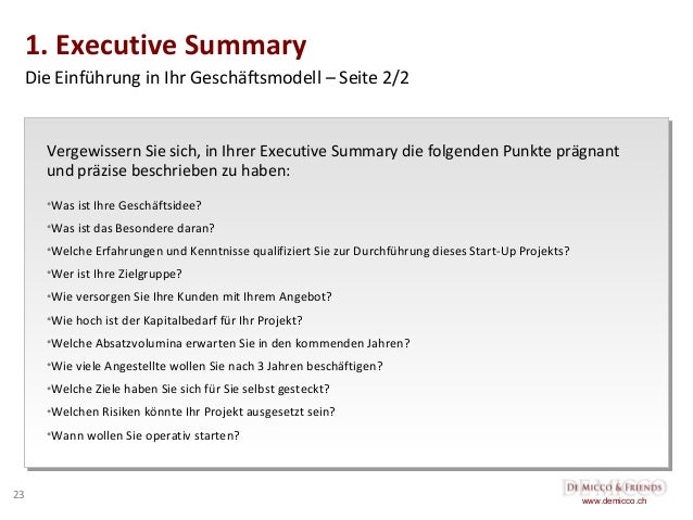 executive summary business plan deutsch