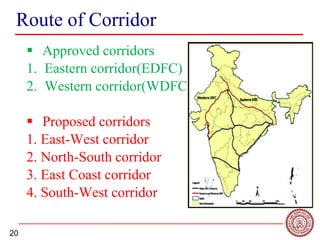 20
Route of Corridor
 Approved corridors
1. Eastern corridor(EDFC)
2. Western corridor(WDFC)
 Proposed corridors
1. East-West corridor
2. North-South corridor
3. East Coast corridor
4. South-West corridor
 
