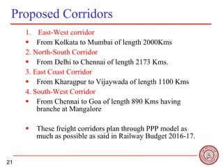 21
Proposed Corridors
1. East-West corridor
 From Kolkata to Mumbai of length 2000Kms
2. North-South Corridor
 From Delhi to Chennai of length 2173 Kms.
3. East Coast Corridor
 From Kharagpur to Vijaywada of length 1100 Kms
4. South-West Corridor
 From Chennai to Goa of length 890 Kms having
branche at Mangalore
 These freight corridors plan through PPP model as
much as possible as said in Railway Budget 2016-17.
 