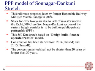 27
PPP model of Sonnagar-Dankuni
Stretch
 This rail route proposed later by former Honorable Railway
Minister Mamta Banerji in 2009.
 Stuck for over two years due to lack of investor interest,
the Rs.16,000 Crore Son Nagar-Dankuni section of the
eastern freight corridor is to be built on public-private
partnership (PPP).
 This 550 Km stretch based on “Design-build-finance-
operate-transfer” model.
 Construction has been started from 2014(Phase-I) and
2015(Phase-II).
 The concession period shall not be shorter than 20 years or
longer than 30 years.
 