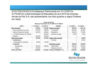 (FCC/TCE/CE/2015) Os Balanços Patrimoniais em 31/12/2013 e
31/12/2014 e a Demonstração do Resultado do ano 2014 da empresa
Armas da Paz S.A. são apresentados nos dois quadros a seguir (Valores
em reais):
 