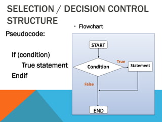 SELECTION / DECISION CONTROL
STRUCTURE
Pseudocode:
If (condition)
True statement
Endif
START
Condition Statement
END
False
True
• Flowchart
 