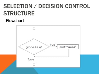 SELECTION / DECISION CONTROL
STRUCTURE
Flowchart
 