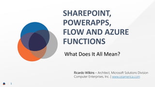 SHAREPOINT,
POWERAPPS,
FLOW AND AZURE
FUNCTIONS
1
What Does It All Mean?
Ricardo Wilkins – Architect, Microsoft Solutions Division
Computer Enterprises, Inc. | www.ceiamerica.com
 