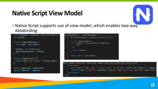 Native Script View Model
• Native Script supports use of view model, which enables two-way
databinding
 