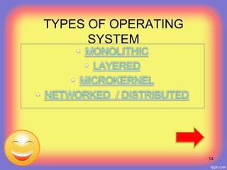 TYPES OF OPERATING
SYSTEM
14
 