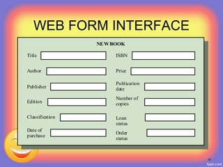 WEB FORM INTERFACE
Title
Author
Publisher
Edition
Classification
Date of
purchase
ISBN
Price
Publication
date
Number of
copies
Loan
status
Order
status
NEWBOOK
52
 