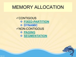 MEMORY ALLOCATION
11
CONTIGOUS
 FIXED-PARTITION
 DYNAMIC
NON-CONTIGOUS
 PAGING
 SEGMENTATION
 