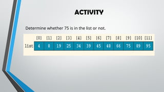 ACTIVITY
Determine whether 75 is in the list or not.
 