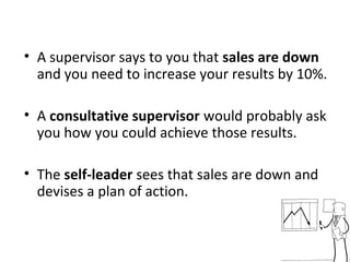 • A supervisor says to you that sales are down
and you need to increase your results by 10%.
• A consultative supervisor would probably ask
you how you could achieve those results.
• The self-leader sees that sales are down and
devises a plan of action.
 