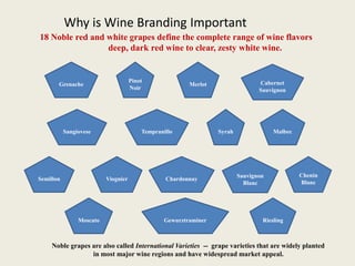 Why is Wine Branding Important
18 Noble red and white grapes define the complete range of wine flavors
deep, dark red wine to clear, zesty white wine.
Grenache
Pinot
Noir
Merlot
MalbecSangiovese Tempranillo Syrah
Cabernet
Sauvignon
Semillon Viognier
Riesling
Sauvignon
Blanc
Chenin
Blanc
Moscato
Chardonnay
Gewurztraminer
Noble grapes are also called International Varieties -- grape varieties that are widely planted
in most major wine regions and have widespread market appeal.
 