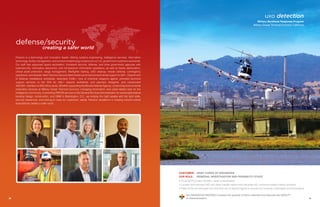 Parsons is a technology and innovation leader offering systems engineering, intelligence services, information
technology, facility management, and environmental/energy solutions to our U.S. government customers worldwide.
Our staff has supported space exploration, homeland security, defense, and other government agencies with
cybersecurity, information assurance, and full-spectrum information operations, as well as facility optimization,
critical asset protection, range management, Warfighter training, UXO cleanup, missile defense, contingency
operations, and disaster relief. Parsons has provided infrastructure and environmental support to 300+ Department
of Defense installations worldwide, destroyed 4,500+ tons of chemical weapons agents, provided technical
support services to the FAA for 450+ airports worldwide, and planned, designed, and constructed
430,000+ facilities on 650 million acres. Whether supporting the Missile Defense Agency, conducting environmental
restoration services at Military Ocean Terminal Concord, managing information- and cyber-related risks for the
intelligence community, or providing PM/CM services to the General Services Administration for sustainable federal
building design, construction, and OM in Washington, D.C., we employ the right people with the right skills,
security clearances, and training to meet our customers’ needs. Parsons’ excellence in meeting mission-critical
expectations creates a safer world.
3938
CUSTOMER:	 ARMY CORPS OF ENGINEERS
OUR ROLE:	 REMEDIAL INVESTIGATION AND FEASIBILITY STUDY
• Three MOTCO sites (10,000+ acres of land/water)
• Locates and removes UXO and other metallic debris from decades-old, munitions-related military activities
• State-of-the-art helicopter and first-time use of electromagnet to recover and evaluate underwater munitions/debris
Our INNOVATIVE PROCESS increases the quantity of items collected and improves the QUALITY
of characterization.
uxo detection
Military Munitions Response Program
Military Ocean Terminal Concord, California
creating a safer world
defense/security
 