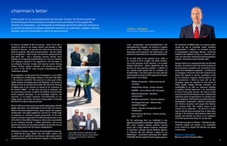 2.
3.
1.
32
chairman’s letter
As Parsons celebrates its 70th
anniversary, I would like to take a
moment to reflect on our history. Parsons was founded in 1944
by Ralph M. Parsons—an engineer who loved solving challenging
technical problems. The story of Ralph Parsons—and the growth
of his corporation—offers insight into American entrepreneurship
post World War II and a company’s evolution through seven
decades of unimaginable transformations as it built on innovation
and integrity to respond to the opportunities and challenges of
ever-changing business climates and evolving service delivery
models. Parsons’ legacy is reflected in the services we provide
on some of the world’s most complex defense/security and
infrastructure projects.
As a corporation, we have grown from 8 employees in a small office
in Los Angeles to 15,000 people working in more than 100 offices
in 28 countries worldwide. We continue to make great strides
toward meeting our strategic goals and objectives in the pursuit of
adding value to our services and markets. We refer to this concept
of adding value to the services we provide to our customers as
the Parsons PLUSTM
—it’s the value we bring to customers and
our commitment to deliver innovative and effective solutions to the
world’s toughest challenges. It’s our knowledge, expertise, and
resources. It’s our people, processes, and technologies. It’s our
history, culture, core values, and future. Simply stated, it’s the extra
that Parsons brings to every assignment.
We also add value to the services we provide by deploying the best
people, processes, and technologies to deliver high-value design,
efficient alternative project delivery, proven project and program
management, and expert professional services to a broad range
of customers on countless complex assignments. To this end,
Parsons has been recognized for the fifth consecutive year as one
of the World’s Most Ethical Companies. We’ve been commended
for our workforce diversity in notable publications, and we are
proud of our continuing long-standing tradition of receiving multiple
annual safety awards from the National Safety Council.
Although our industry is experiencing strong competitive pressures,
as witnessed by longer bidder lists and tighter margins, the
reputation we’ve established for delivering high-quality services
has remained with us, and we continue to expand in our key market
areas: transportation, environmental/industrial, and
defense/security. Moreover, we continue to expand
our balance sheet, develop a significant cache of
proprietary work processes and technologies, and
enhance our team with diverse, talented professionals.
As we take stock of the progress we’ve made in
our journey to build a bigger and better Parsons,
one of the measures of this evolution is our growth
through acquisitions—adding capabilities and top
talent to our ever-expanding platform. In addition to
our inherent global growth and our innovative use
of technology, in the past 5 years we have acquired
eight companies (three of which represent the largest
acquisitions in our history):
• McMunn Associates—defense training and
simulation
• Vasey Aviation Group—aviation services
• SPARTA—missile defense and intelligence
• O’Connor Associates—Canadian
environmental
• CT MAIN Engenheiros—Brazilian industrial
• First Support Services—defense base
operations support
• Delcan—Canadian transportation and
infrastructure
• Secure Mission Solutions—national security,
cyber, and IT
On the technology front, we introduced a new
cybersecurity product called CranTM
(patent pending).
This crash analyzer software provides security
teams with a more effective situational awareness
of exploitation attempts against Windows systems
on networks. We also obtained a patent for our
NAPL-AwayTM
remediation technology (U.S. Patent
8,679,340). We developed this technology to progress
the remediation of LNAPL (light, non-aqueous phase
liquids) by way of enhanced natural anaerobic
biodegradation. In addition, we increased our suite
of transportation technology offerings, combining
hardware with software to help our customers gain
even more from their infrastructure and transportation
budgets. The Parsons team has been busy.
Looking back on our accomplishments over the past
70 years, the Parsons brand has thrived because of
the tremendous innovations and commitment of the
people who embody our corporation—our thousands
of employees around the world who continue to go
above and beyond to achieve remarkable results
for our customers, suppliers, teaming partners, and
the communities in which we serve and live. Our
employees apply and promote our core values of
safety, quality, integrity, diversity, innovation, and
sustainability as we offer our customers decades
of practical industry experience in our commitment
to deliver high-quality services. The Parsons brand
also continues to thrive because of the incredible and
expanding group of organizations we proudly count
as our customers. We help them promote sustainable
transportation infrastructure, advance environmental
and industrial resources, and support their defense
and security needs. Our success hinges on the
success of our customers. I can think of no better
way to highlight these successes than to share them
with you in this brochure, which features some of the
projects and activities we deliver to our customers
and to the communities where we live and work.
On behalf of everyone at Parsons, I thank you for your
sustained support and interest in our corporation
as we continue to expand and enhance our legacy
of excellence.
Charles L. Harrington
Chairman and Chief Executive Officer
1. Parsons Office, Abu Dhabi, United Arab Emirates
2. Metro Gold Line Foothill Extension, Duarte, California
3. Ministry of Housing Project Site, Riyadh Airport,
Saudi Arabia
Charles L. Harrington
Chairman and Chief Executive Officer
“Looking back on our accomplishments over the past 70 years, the Parsons brand has
thrived because of the tremendous innovations and commitment of the people who
embody our corporation—our thousands of employees around the world who continue to
go above and beyond to achieve remarkable results for our customers, suppliers, teaming
partners, and the communities in which we serve and live.”
 
