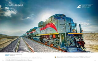 1312
CUSTOMER:	 ETIHAD RAIL COMPANY PJSC
OUR ROLE:	 PM/CM (JV)
• 1,200-km strategic freight/passenger railway—UAE’s first national rail network—serves entire UAE and forms
part of the strategic GCC rail network, connecting the UAE to Saudi Arabia, Oman, Qatar, Bahrain, and Kuwait
• 266-km Stage 1 links gas fields of Shah and Habshan to port in Ruwais
• 537-km Stage 2 expansion is soon to be awarded and Stage 3 is in development
Parsons brings decades of local EXPERIENCE, a proven partnering PROCESS, and globally recognized
TECHNOLOGY/management leaders to the delivery of this fast-track, multibillion-dollar megaproject.
growth engine
Etihad Rail
United Arab Emirates
 