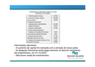 Informações adicionais:
− O aumento de capital foi realizado com a emissão de novas ações.
− As despesas financeiras serão pagas somente na data de vencimento
dos empréstimos, em 31/12/2012.
− Não houve venda de investimentos.
 