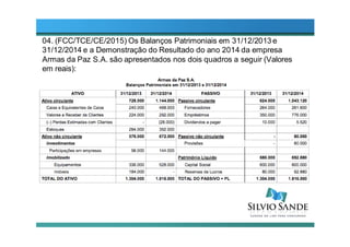 04. (FCC/TCE/CE/2015) Os Balanços Patrimoniais em 31/12/2013 e
31/12/2014 e a Demonstração do Resultado do ano 2014 da empresa
Armas da Paz S.A. são apresentados nos dois quadros a seguir (Valores
em reais):
 