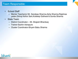 School Staff Mentor Teacher(s) Mr. Sandeep Sharma,Asha Sharma,Rajshree yadav,Giriraj Kishor Sain,Kuldeep Gothwal & Sunita Sharma State Team District Coordinator – Mr. Brajesh Bhardwaj  Trainer-Sachin Ashapure Cluster Coordinator-Shyam Babu Sharma Team Responsible: 