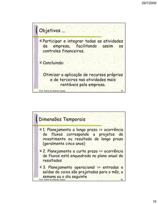 29/7/2009




Objetivos ...

   Participar e integrar todas as atividades
   da empresa, facilitando assim os
   controles financeiros.

   Concluindo:

    Otimizar a aplicação de recursos próprios
       e de terceiros nas atividades mais
            rentáveis pela empresa.
Prof. André de Almeida Jaques                19




Dimensões Temporais

   1. Planejamento a longo prazo => ocorrência
   de fluxos corresponde a projetos de
   investimento ou resultado de longo prazo
   (geralmente cinco anos)
   2. Planejamento a curto prazo => ocorrência
   de fluxos está enquadrada no plano anual de
   resultados
   3. Planejamento operacional => entradas e
   saídas de caixa são projetadas para o mês, a
   semana ou o dia seguinte
Prof. André de Almeida Jaques                20




                                                        10
 